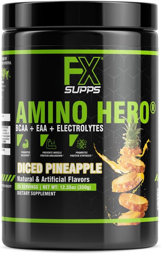 FXSUPPS Amino Hero Diced Pineapple Flavor(25 Servings)|Post-Workout Recovery Drink for Men and Women|Energy Powder Mix with BCAA, EAA, and Electrolytes|Promotes Endurance and Healthy Muscles - 1 Pack