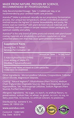 Azendus Mood 200mg of S-Adendosylmethionine Butanedisulfonate (Same) (2 Boxes - 120 Enteric Coated Tablets) Vegan, Gluten Free, Soy Free