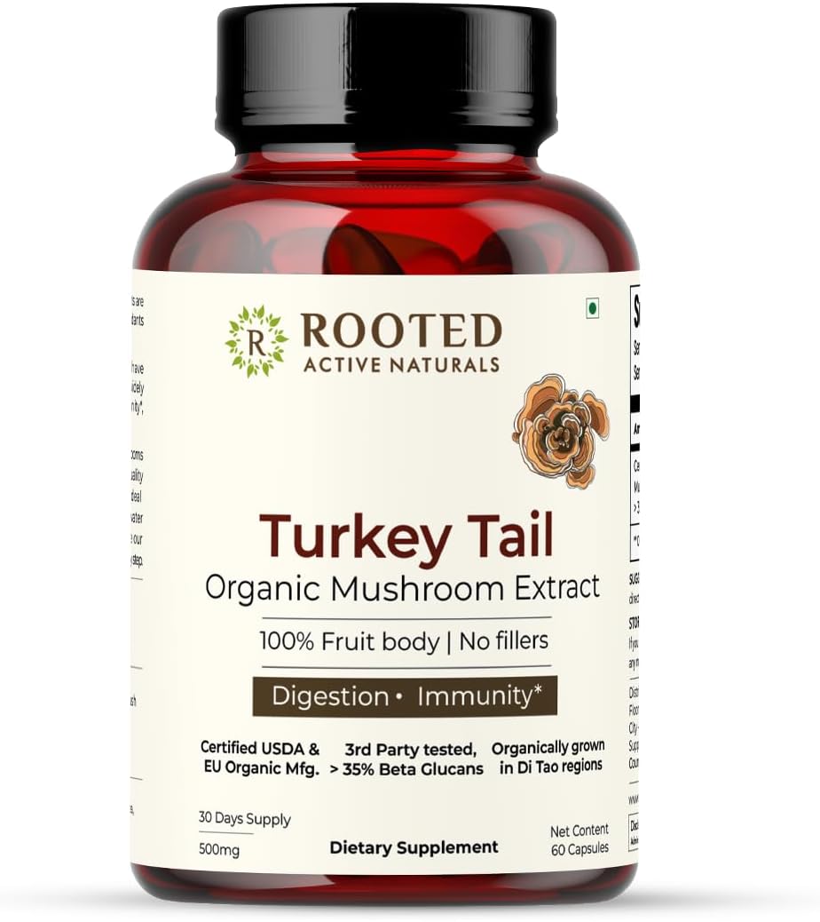 ROOTED Active's Turkey Tail Mushroom Extract Capsules (60 Veg Caps, 500 mg) | Heart Health, Stress Relief, Liver. USDA Organic, 35% Beta Glucans, Certified Organic