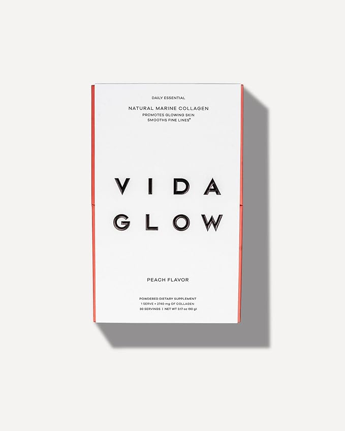 Vida Glow Marine Collagen Powder - Anti Aging Supplement with Collagen Peptides, Promotes Glowing Skin, Strong Nails, Healthy Hair | 30 Servings, Peach Flavor