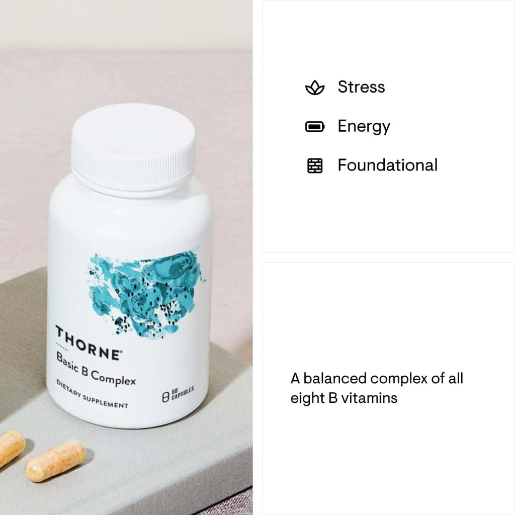 THORNE - Basic B-Complex - Tissue-Ready Vitamin B Complex Supplement with Choline - Supports Cellular Energy Production, Brain Health, Red Blood Cell Formation* - Gluten-Free, Dairy-Free - 60 Capsules