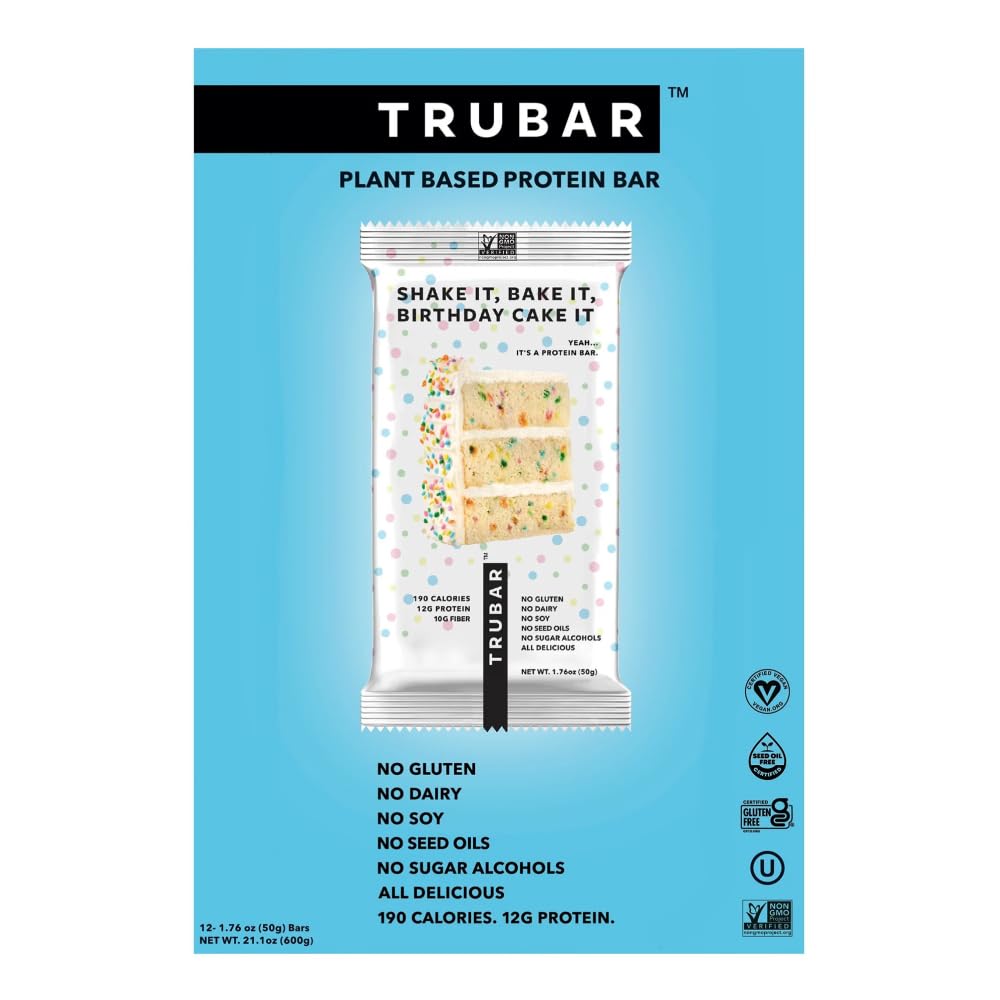TRUBAR Vegan Protein Bar, Shake it Bake it Birthday Cake it, Gluten Free, Plant Based Protein, Dairy Free, Non GMO, Soy Free, No Sugar Alcohols, 12G Protein, 12G Fiber, 23G Carb, On the Go Snack Bars, 12 ct