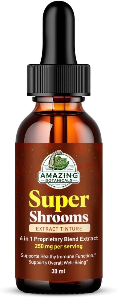 Super Shrooms 6 in 1 Mushroom Wellness Tonic – Chaga, Lion’s Mane, Reishi, Shiitake, Cordyceps, Turkey Tail – Alcohol-Free – Organic Mushroom Liquid Extract Tincture – 250mg per serving