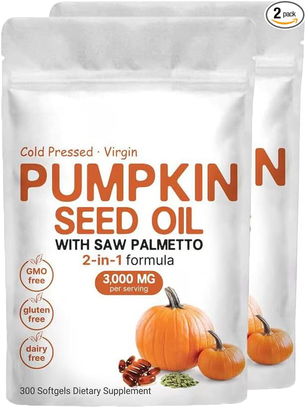 2 Bag Pumpkin Seed Oil Capsules, Pumpkin Seed Oil 2 in 1 with Saw Palmetto, 3000mg Pure & Natural Supplement, Hair Growth, Skin Care - Non-GMO, Gluten - Free 300 Softgels