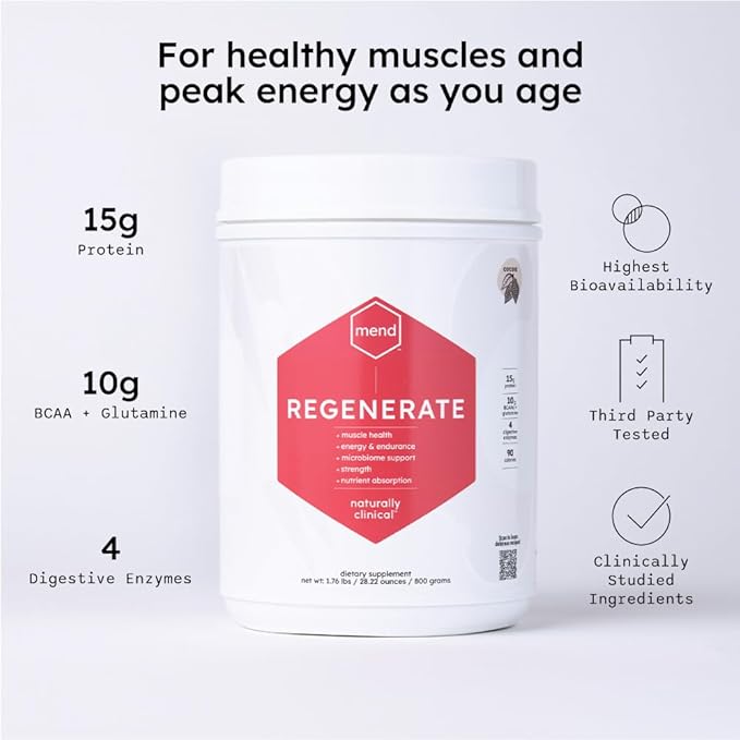 MEND Regenerate, Post Workout Recovery, Immune Support, and Sports Nutrition Supplement for Men and Women - Natural, Gluten Free, and Non-GMO - Cocoa Protein Powder, 20 Servings