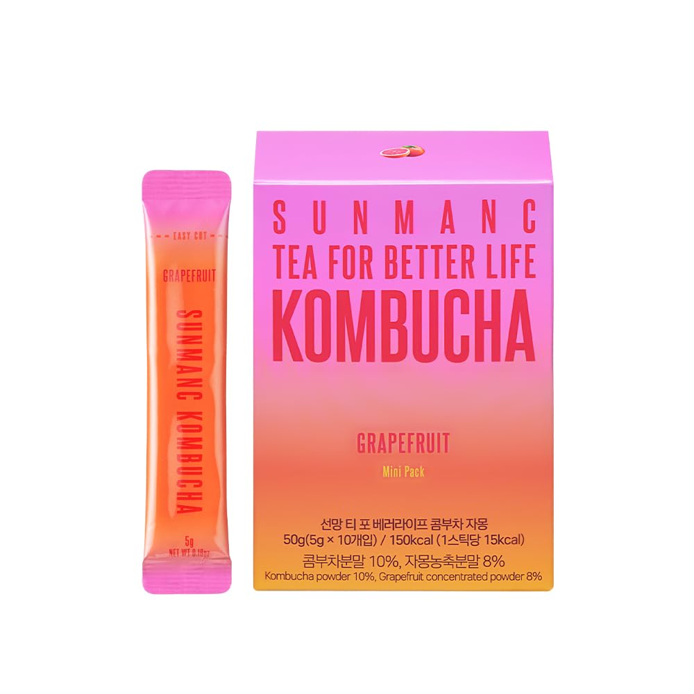 SUNMANC Kombucha 10 packets, Sparkling Probiotic Fermented Drink, Convenient Powdered Drink Mix, Tea Powder, Low Calories, Sugar 0g, Low Caffeine (Grapefruit)