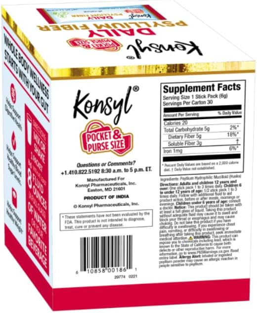 Konsyl Daily Psyllium Fiber Powder - Stick Packs - On-The-Go Fiber Supplement Powder - Convenient, All-Natural Soluble Fiber, Gluten-Free & Sugar-Free, Vegan & Keto - 30 Packets
