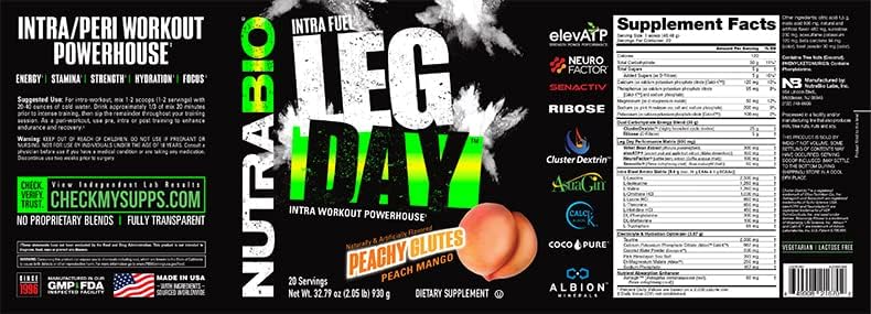 NutraBio Leg Day Intra Workout Powder – Advanced Carb Supplement with Cluster Dextrin & Electrolytes – Carb Powder with EAAs/BCAAs – Cyclic Dextrin for Performance – Peach Mango, 20 Servings