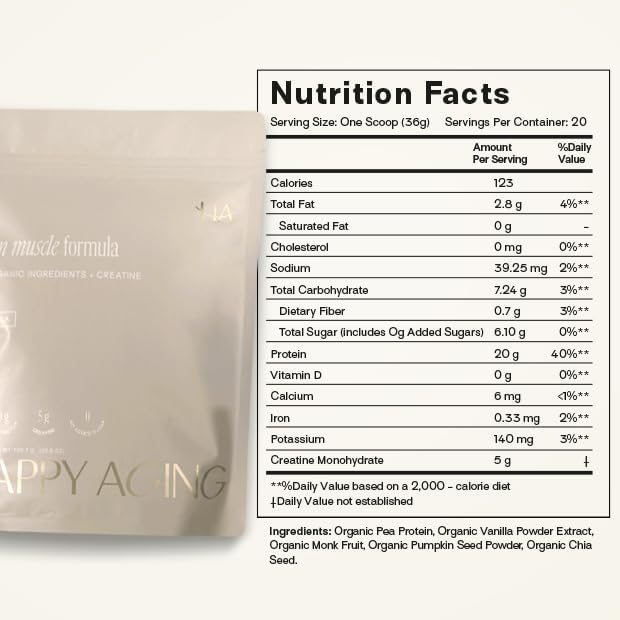 Happy Aging Protein Powder for Women, 20g Organic Pea & Pumpkin Seed Protein, 5g Creatine, Monk Fruit Sweetened, Organic Cocoa & Chia, Clean Simple Eats Vegan Plant Based Protein