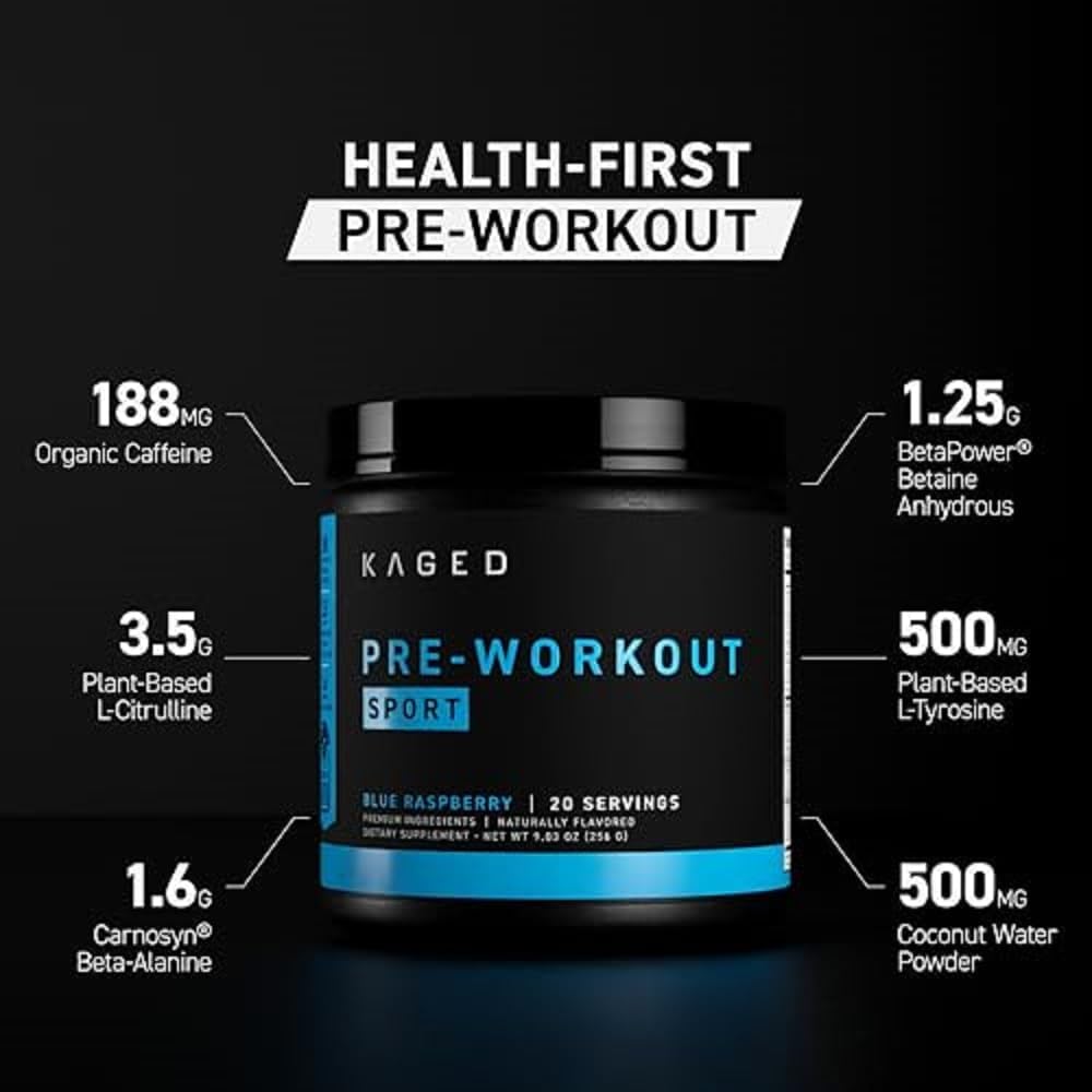 Kaged Sport Pre Workout Powder for Men & Women, Glacier Grape, Sport Certified, 188mg Caffeine, Nitric Oxide Supplement, Beta Alanine for Energy, Weightlifting, Cardio Endurance, Strength, 20 Servings