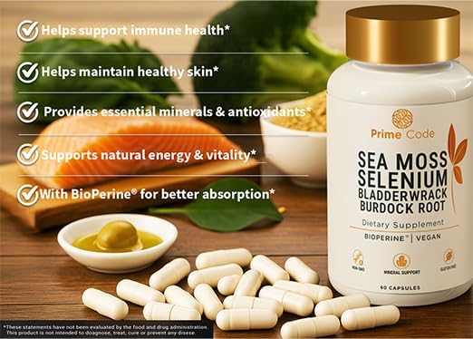 Prime Code Sea Moss Capsules with Selenium, Bladderwrack & Burdock Root – BioPerine® Enhanced Absorption – Vegan Daily Supplement for Immune, Skin, Gut & Energy Support – Pure Formula, No Sugar