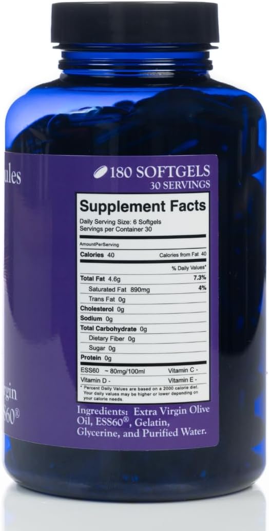 Pure ESS60 Extra Virgin Olive Oil Softgel Capsules - High Strength Antioxidant Supplement with Pure Olive Oil - Oral Supplement - Supplements for Men & Women - 180 Softgels