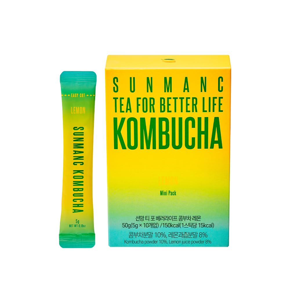 SUNMANC Kombucha 10 packets, Sparkling Probiotic Fermented Drink, Convenient Powdered Drink Mix, Tea Powder, Low Calories, Sugar 0g, Low Caffeine (Lemon)