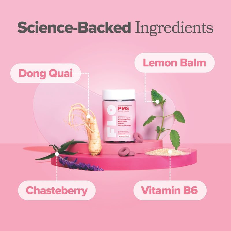O Positiv FLO PMS Gummies for Women - Proactive PMS Relief - Targets Hormonal Breakouts, Bloating, Cramps, & Mood Swings with Chasteberry, Vitamin B6, & Lemon Balm - PMS Gummies (Pack of 1)