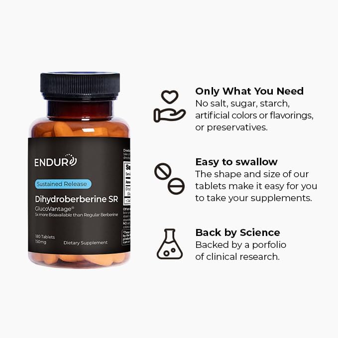 Endur Dihydroberberine SR, Helps Support Blood Sugar Health, Metabolism & A Healthy Weight, Gluten Free, 150mg (180 Tablets)