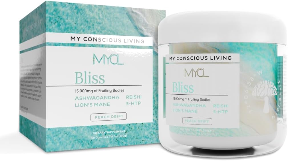 MYCL Bliss Mushroom Gummies | 500mg Ashwagandha, Reishi, Lion’s Mane, Lemon Balm & 5-HTP Whole Fruiting Body | Stress Relief, Relaxation & Mood Support | Vegan, Organic, Gluten-Free | 30 Servings