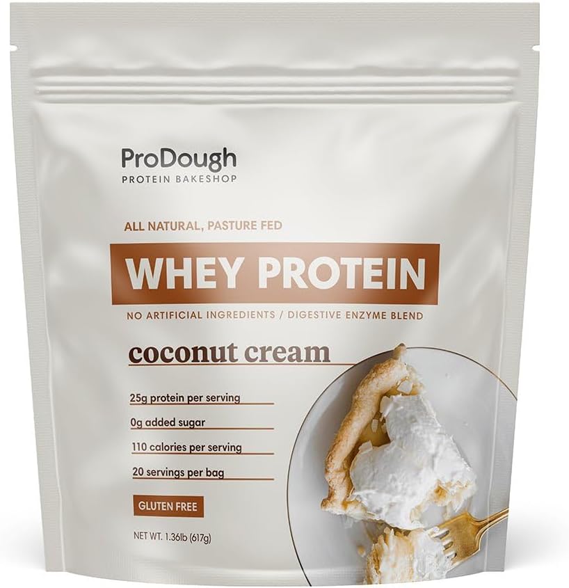 ProDough Gourmet Whey Isolate Hydrolized Protein Powder for Shake Mix- Easy Digest Enzyme Blend, 25g Protein per Serving, Natural Ingredients, Gluten Free, Keto Friendly (Coconut Cream)