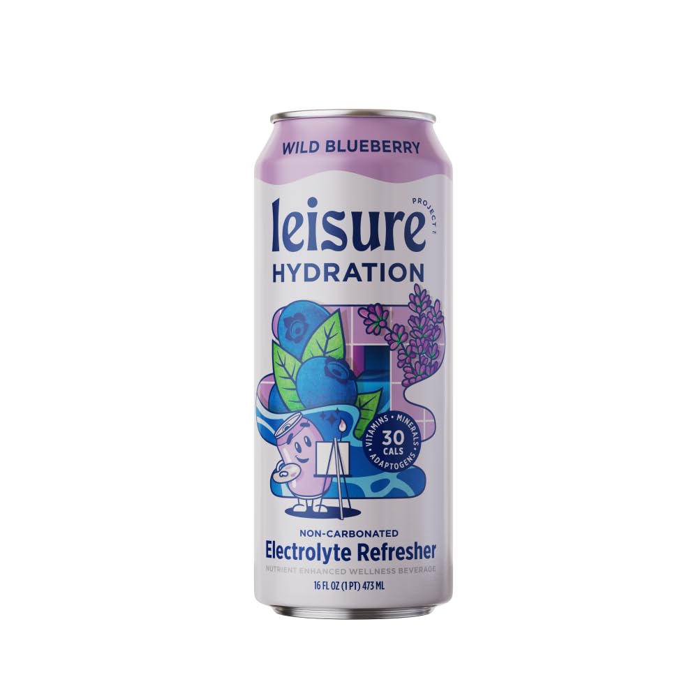 Leisure Hydration Non-Carbonated Electrolyte Refresher, Wild Blueberry Flavor - Low Sugar Nutrient Enhanced Water Beverage - Get The Best Hydration Packed w/ Magnesium & Ashwagandha For Mood & Stress Support, Non-GMO, 16 oz (12-Cans)