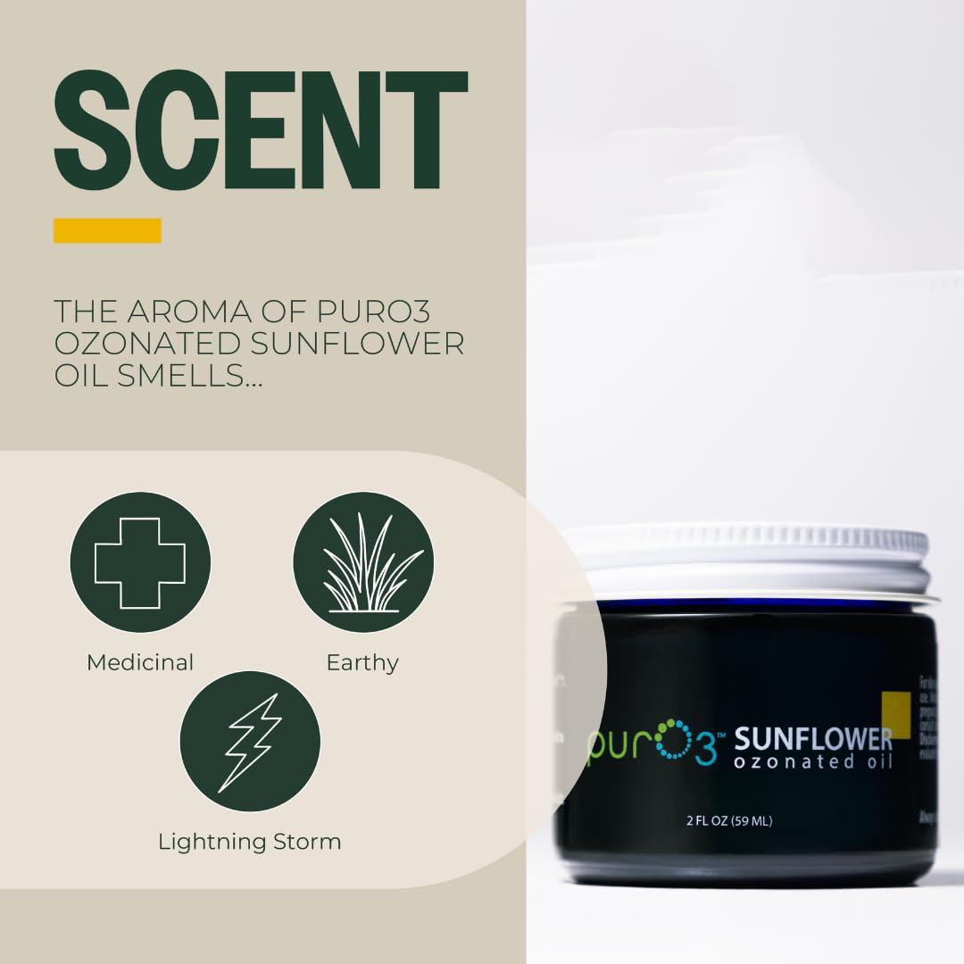 PurO3 Ozonated Sunflower Oil – Pure, Natural, Organic Skincare for Face & Body – Oxygenated Healing Lotion, Moisturizer & Beauty Cream in a Glass Jar – O3 Therapy Salve, 2 oz