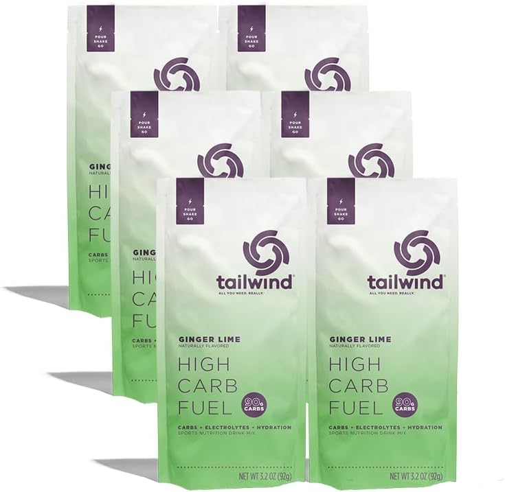 Tailwind Nutrition High Carb Fuel, 90 g High Intensity Carbs (2:1 Glucose:Fructose) + Electrolytes, Gluten‑Free, Vegan, Ginger Lime, Single‑Serving 6 Pack
