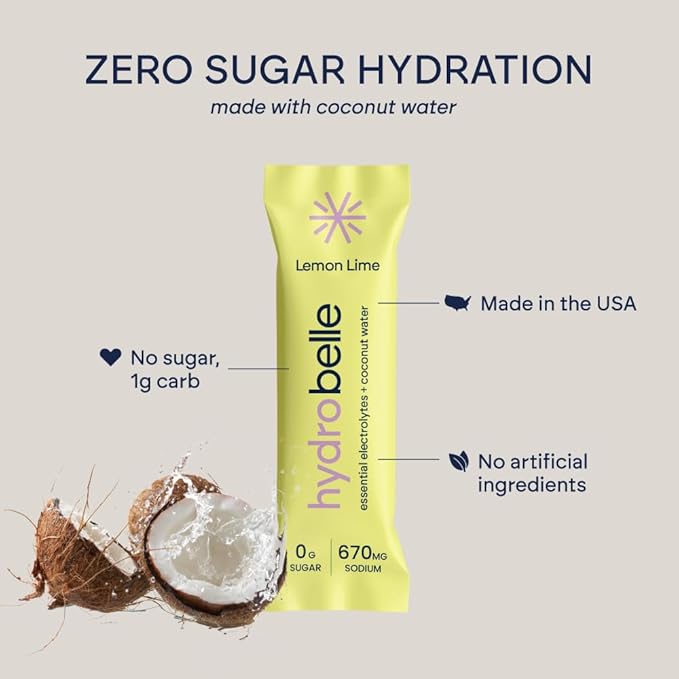 Belle HydroBelle Electrolyte Powder Drink Mix, Lemon Lime, Sugar Free Hydration Packets Made with Coconut Water and Electrolytes, Vegan, Keto, and Dairy Free, Travel Friendly, 32 Count