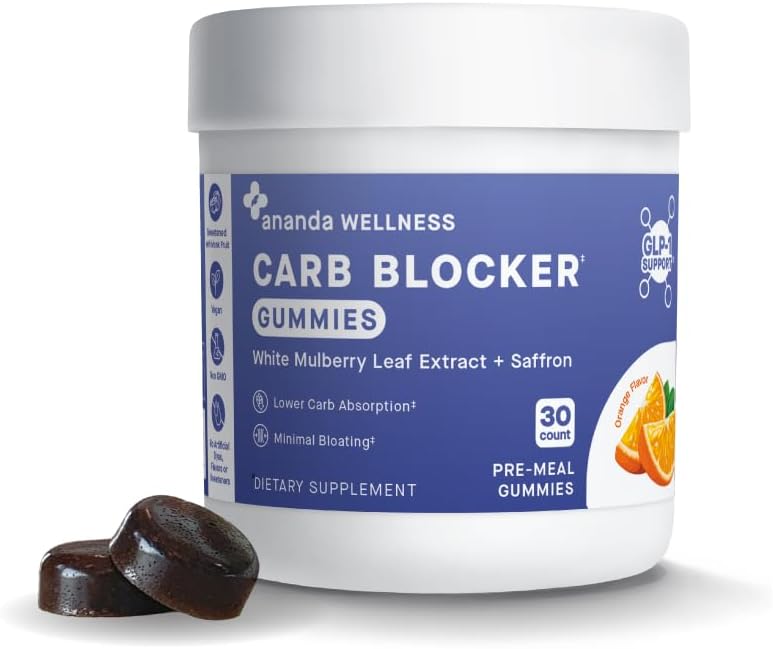 GLP-1 Carb Blocker Gummies – White Mulberry Leaf Extract + Saffron, Pre-Meal Gummies for Lower Carb Absorption & Minimal Bloating, Orange Flavor, 30 Count