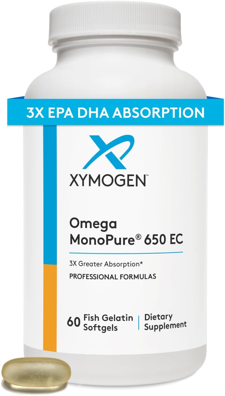 XYMOGEN Omega MonoPure 650 EC - Omega-3 Fish Oil Supplements for Women & Men - with EPA, DHA & DPA - Smaller Softgels with 3X Greater Absorption - Support a Healthy Heart & Cognition (60 Softgels)
