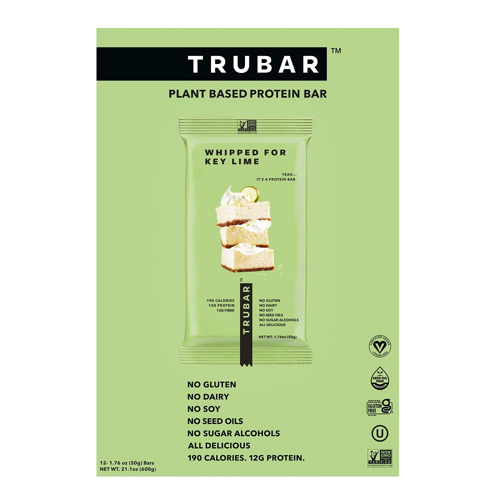 TRUBAR Vegan Protein Bar, Whipped for Key Lime, Gluten Free, Plant Based, High Fiber, Dairy Free, Low Fat, Non GMO, No Sugar Alcohols, 12G Lean Protein, 13G Fiber, Healthy Snack Bars, 12 CT
