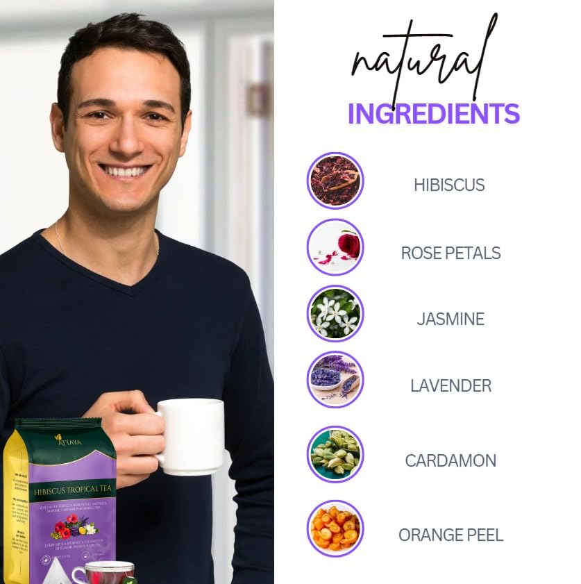 Attaya Hibiscus Tropical Herbal Tea Bags | 6-Herb Blend with Hibiscus, Rose Petals, Cardamom, Orange-peel, Jasmine & Lavender| 100 Caffeine-Free Pyramid Tea bags, Rich in Antioxidants & Vitamin C