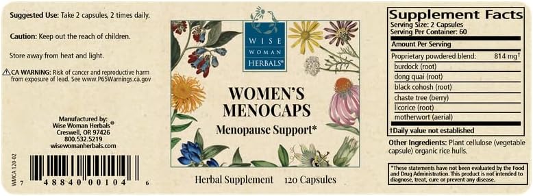 Wise Woman Herbals Women's Menocaps Non-GMO Herbal Blend for Menopause Support, Hot Flashes, Night Sweats, Mood Support, Emotional Balance, Hormonal Support 120 Veg Caps