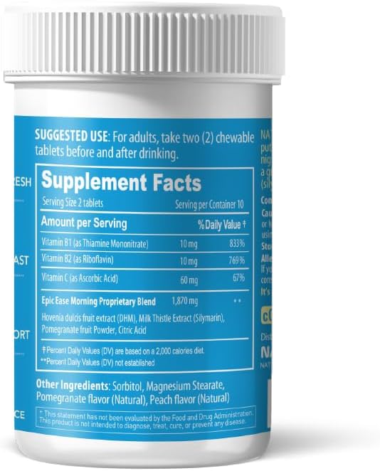 Epic Morning - Liver Detox & Repair Supplement with DHM, Milk Thistle, Vitamin C, B1, B2 & Pomegranate - Natural Pomegranate & Peach Flavor - 20 Chewable Tablets for Liver Support & Morning Recovery