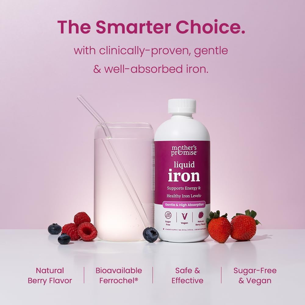 Organic Liquid Iron Supplement for Women, Men & Kids | Gentle Vegan Iron Supplements for Energy, Healthy Blood & Prenatal | Non Constipating, Sugar-Free Natural Berry Flavor, Ferrochel® & Vitamin C