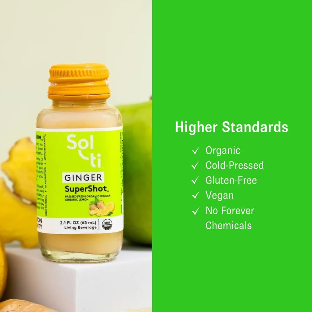 Sol-ti Organic Ginger SuperShot Drink, Aids Digestion, Circulation and Cleansing, SuperFood, Cold-Pressed Apple and Lemon Juice Blend, 12 Pack (2.1 Fl oz)