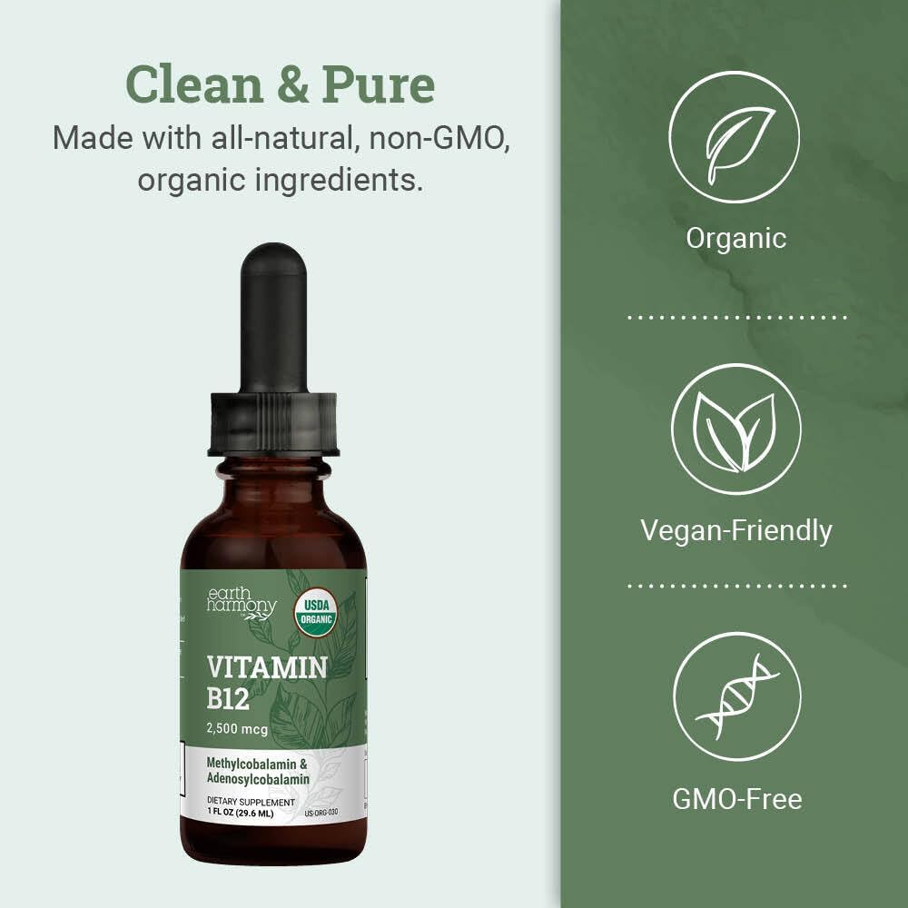 Organic Vegan Vitamin B12 Sublingual Liquid Supplement - 2500mcg Methylcobalamin Drops for Natural Energy, Metabolism Health and Immune System Support - 1 Fl Oz