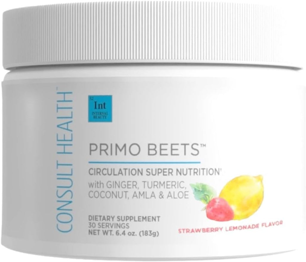 Consult Health Primo Beets - Beet Root Powder Drink Mix with Electrolytes - Nitrates to Support Circulation - Energy Boost - Ginger & Turmeric - Men & Women - Strawberry Lemonade Flavor - 30 Servings