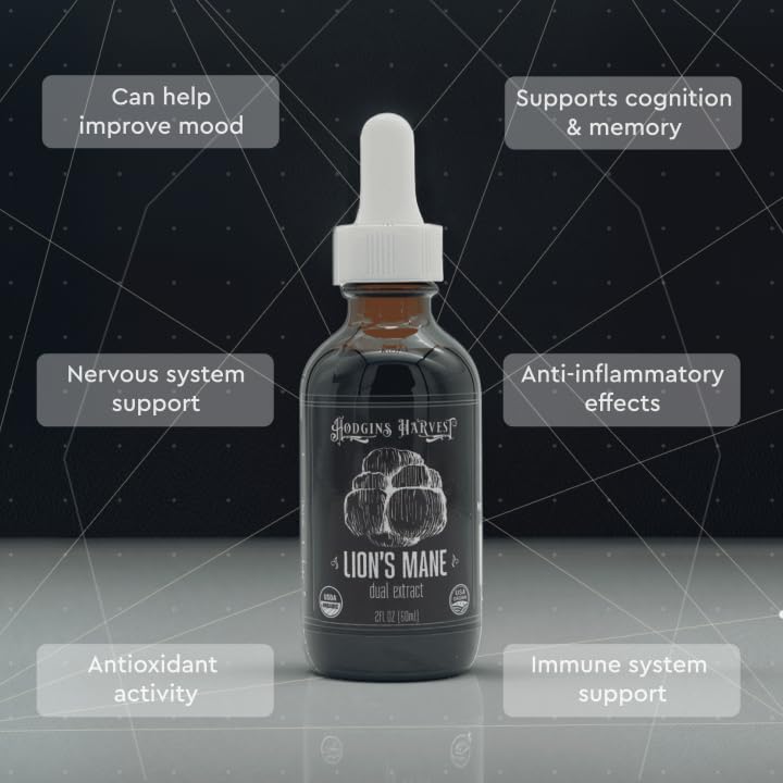 Hodgins Harvest Organic Lion's Mane Fruiting Body Extract Tincture - Mushroom Supplement for Brain Health and Mental Focus - Dual Extract Formula - Extra Concentrated - 2 fl oz Bottle
