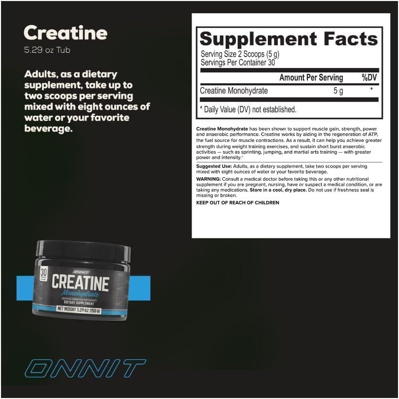 ONNIT Creatine Monohydrate Powder – 5g Premium Creatine for Muscle Strength, Power & Lean Mass, Supports Brain Health & Cellular Energy, Unflavored, 30 Servings, 5.29 oz (2-Pack)