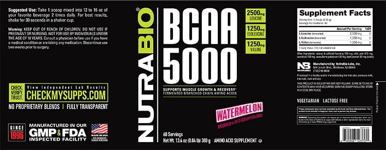 NutraBio BCAA 5000 Powder - Vegan Fermented BCAAs - Supports Lean Muscle Growth, Recovery, Endurance - 60 Servings - Watermelon