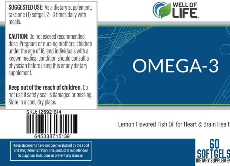 Well of Life Omega-3 Fish Oil – 60 Softgels | High EPA & DHA for Heart and Brain Health | Non-GMO, Premium Fish Oil Supplement | Made in USA, GMP Certified