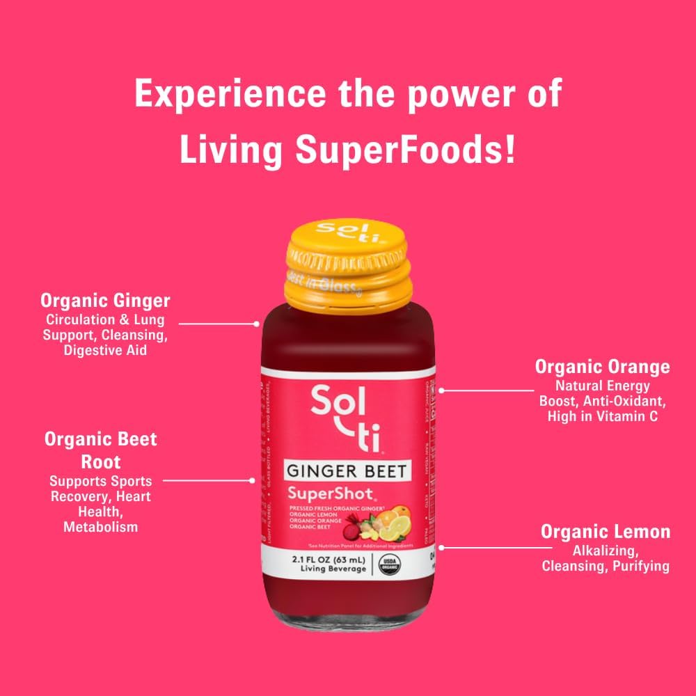 Organic GINGER BEET SuperShot Drink, Helps Aid Muscle Recovery, Circulation and Lung Health, SuperFood by Sol-ti, Cold-Pressed Orange and Lemon Juice Blend, 12 Pack (2.1 Fl oz)