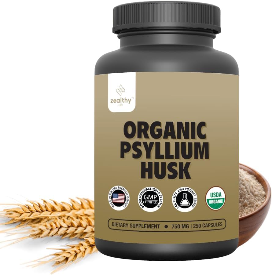 Organic Psyllium Husk Capsules, Natural Fiber Supplement for Gut Health* - Alternative to Psyllium Husk Powder, Zealthy Life, 250 Capsules