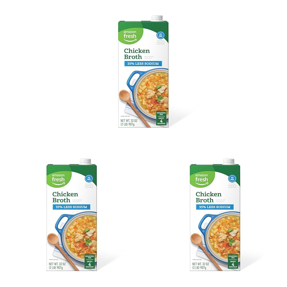 Amazon Fresh, 35% Less Sodium Chicken Broth, 32 Oz (Pack of 3)