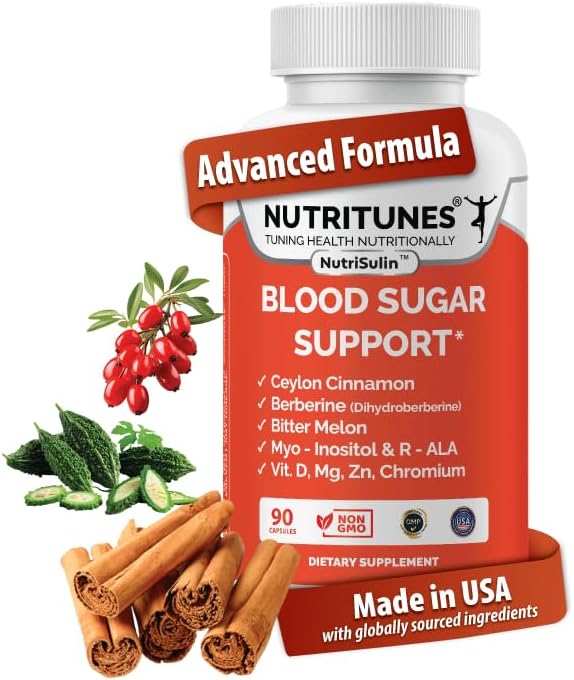 Blood Sugar Complex with Berberine (Dihydroberberine) Ceylon Cinnamon Bitter Melon Myo-Inositol R-ALA Vit. D Chromium Magnesium & Zn–Supports Healthy Sugar Metabolism–90 NutriSulin Supplement Capsules