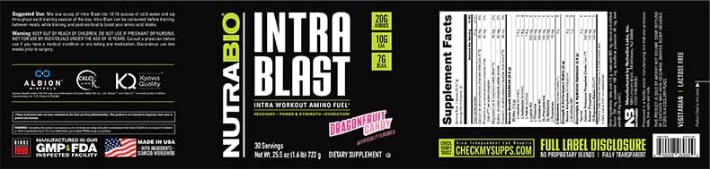 NutraBio Intra Blast Bcaa Powder Amino Acid Supplement, Electrolyte & Hydration Blend, Intra, Pre Workout & Muscle Recovery, 20g Eaa Amino Acids Powder, 5g Glutamine- Dragonfruit Candy, 30 Serving