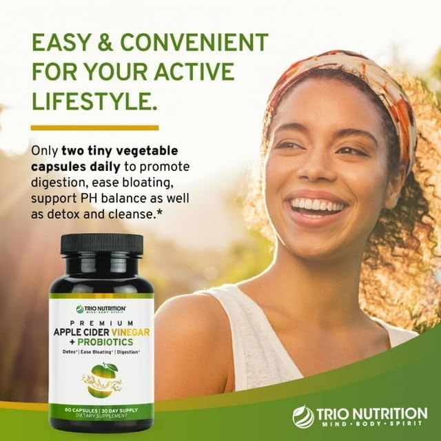TRIO NUTRITION Apple Cider Vinegar Capsules with Multi-Strain Probiotics - Natural Sugar Free ACV Capsules with The Mother for Gut Health, Immunity, Body Cleanse & Healthy pH - Metabolism Booster*