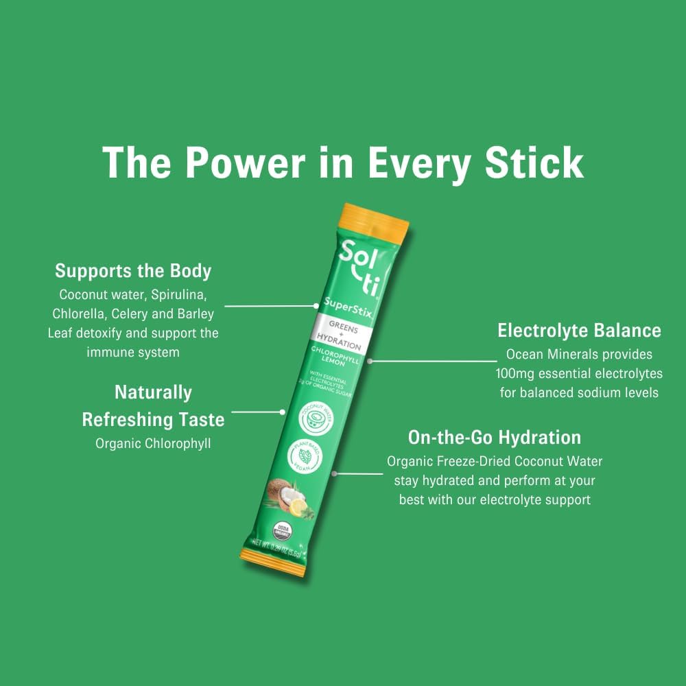 Sol-ti Organic Electrolyte Greens + Hydration Drink Mix, Superfood Hydration Sticks, SuperStix, Non-GMO, Vegan, Chlorophyll Lemon, 14 Sticks