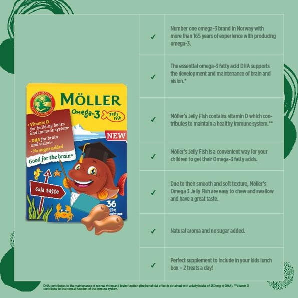 Moller’s ® | Omega 3 Capsules for Children | Natural Fish Oil Omega 3 Fish Oil for Kids | with DHA and EPA, No Gluten, Lactose or Added Sugar & Easy to Chew | Cola Flavor | 72 Capsules