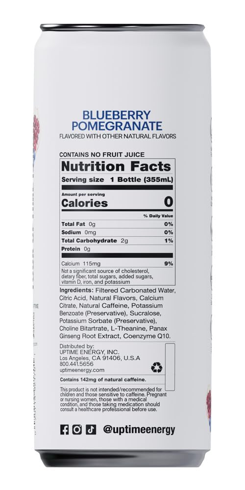 UPTIME Energy Drink, Blueberry Pomegranate, 12 Pack, Vitamin C, L Theanine, Calcium, Sugar Free Energy Drinks for Focus Support, 142mg of Natural Caffeine, 0 Calories, Clean, Natural, 12 fl oz Cans