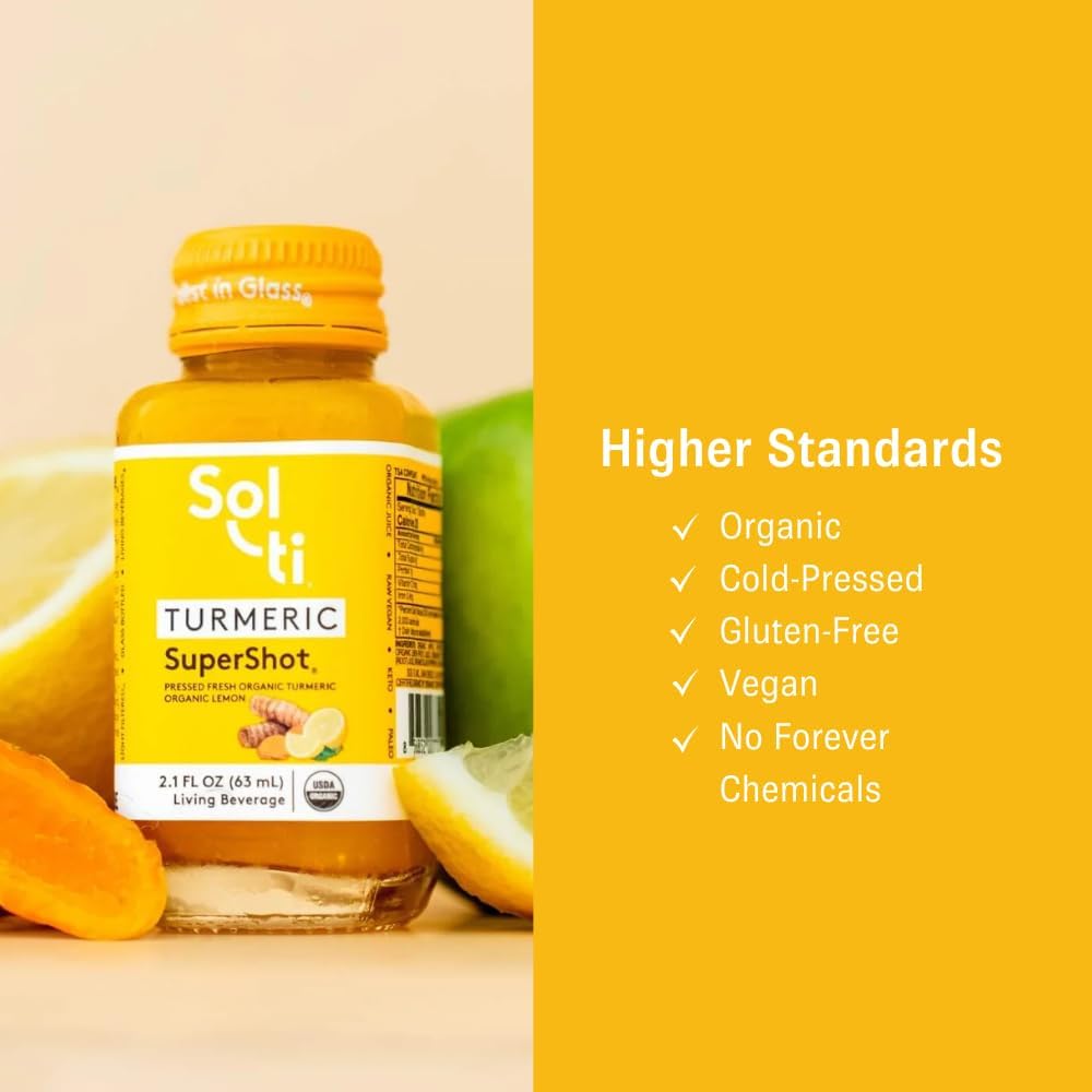 Sol-ti Organic Turmeric SuperShot Drink, Black Pepper Enhances Absorption and Bioavailability of Curcumin in Turmeric to Aid in Joint Support, SuperFood, 12 Pack (2.1 Fl oz)