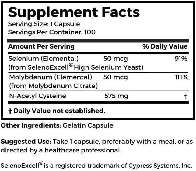Dr.Clark's N-Acetyl-Cysteine (NAC) - 575 mg, Non-GMO, Gluten-Free NAC Supplement with Selenium and Molybdenum for Respiratory Support, 100 Easy Swallow Gelatin Capsules